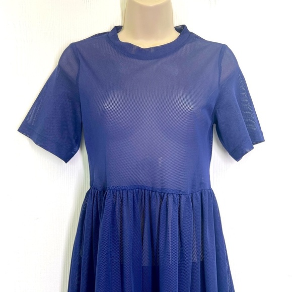 H&M - Dark Blue Crewneck Mesh Short Sleeve See Thru Midi Dress Size 2 - Picture 6 of 9